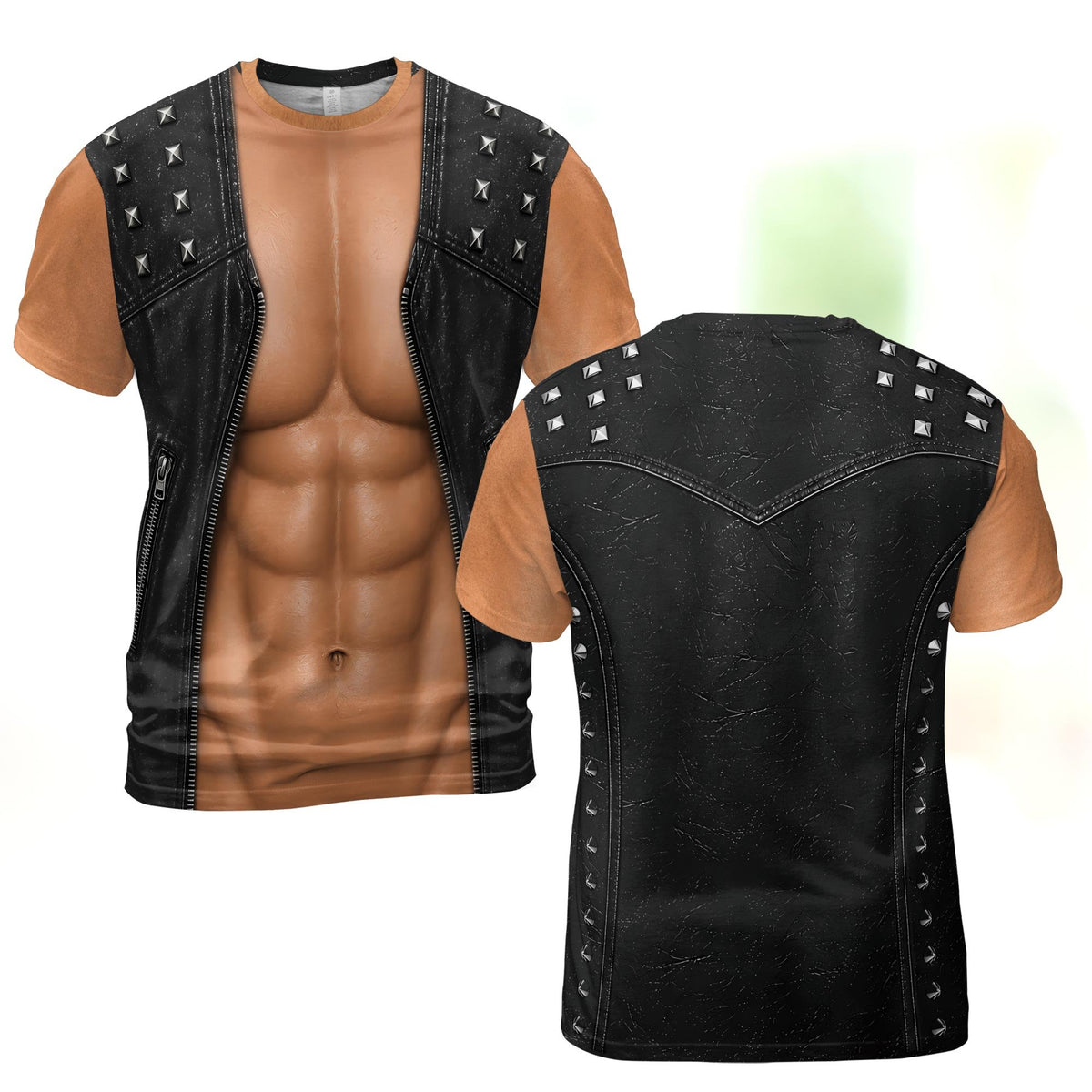 3D illusion customized photo t-shirt featuring a black studded leather vest over a bare torso, main view