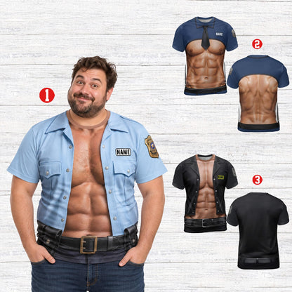Lifestyle view of the custom police officer costume t-shirt worn during Halloween