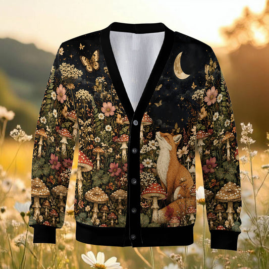 Black cottagecore fox cardigan with floral and mushroom design, main view