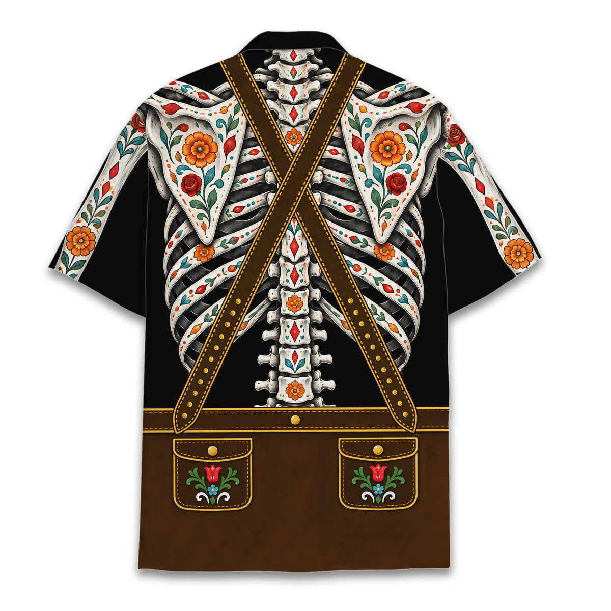 Third back view of the Day of the Dead Oktoberfest skeleton t-shirt
