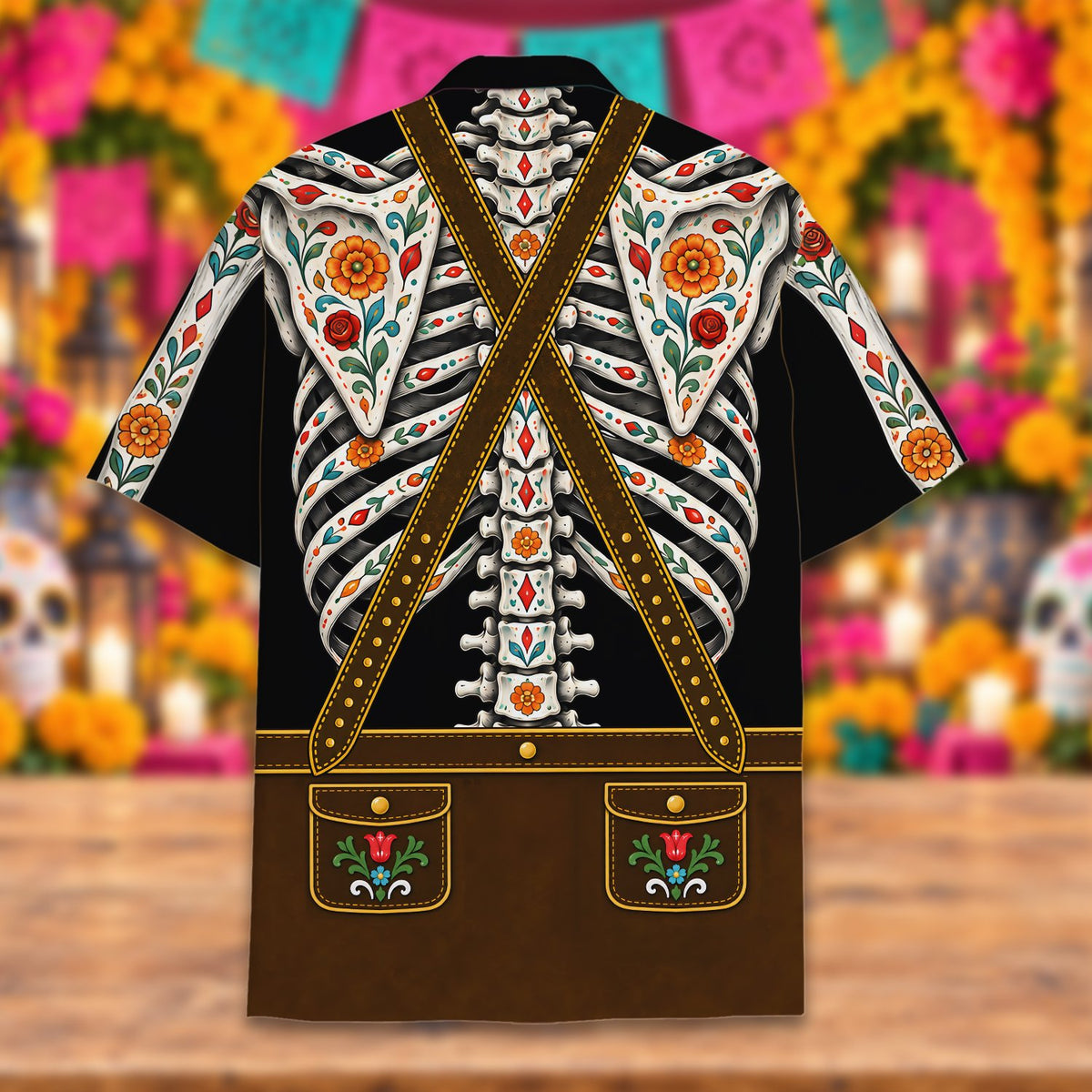 Back view of the Day of the Dead Oktoberfest skeleton t-shirt