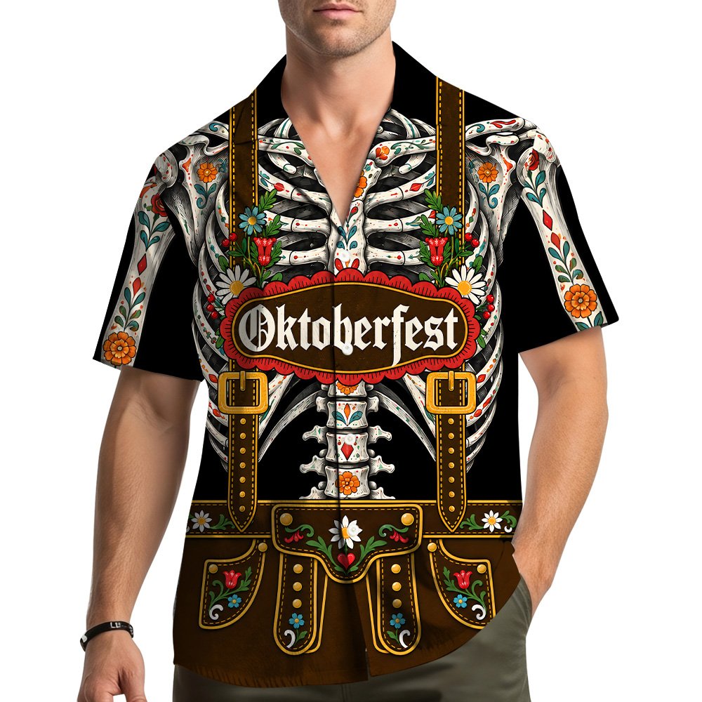 Front view of the Day of the Dead Oktoberfest skeleton family t-shirt