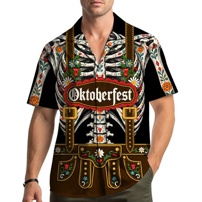 Front view of the Day of the Dead Oktoberfest skeleton family t-shirt