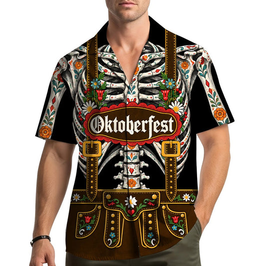 Front view of the Day of the Dead Oktoberfest skeleton family t-shirt