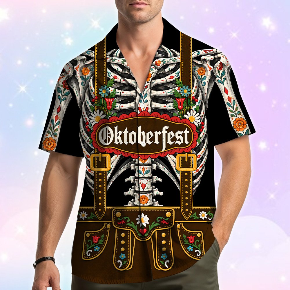 Lifestyle view of a family wearing the Day of the Dead Oktoberfest t-shirts