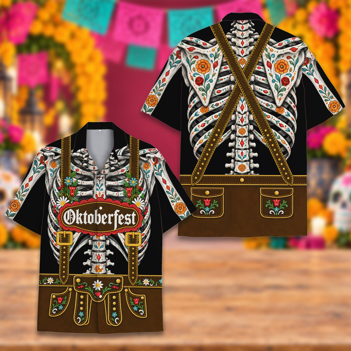 Detailed view of the Day of the Dead Oktoberfest skeleton t-shirt fabric and print