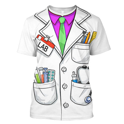 Close-up front view of the white doctor t-shirt details