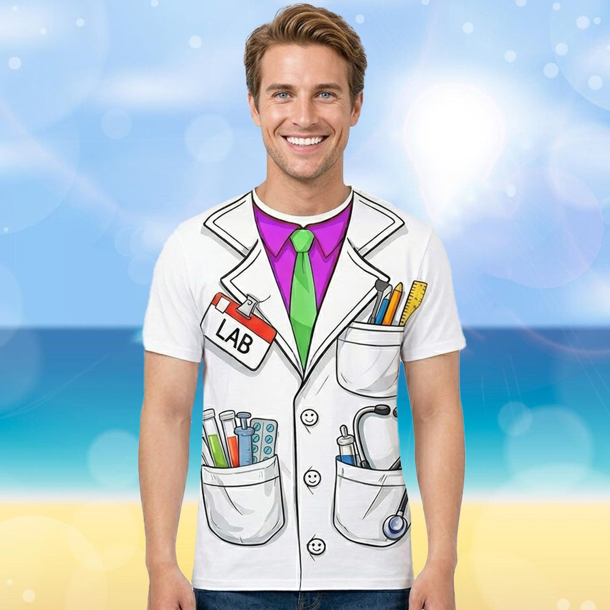 Person modeling the halloween t-shirt with stethoscope print