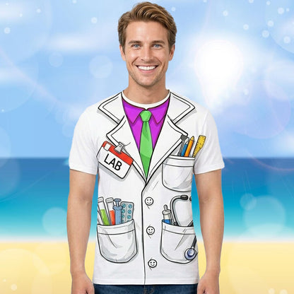 Person modeling the halloween t-shirt with stethoscope print