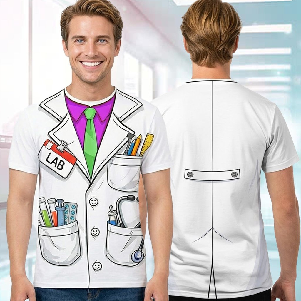 Adult wearing the white doctor t-shirt in a lifestyle setting