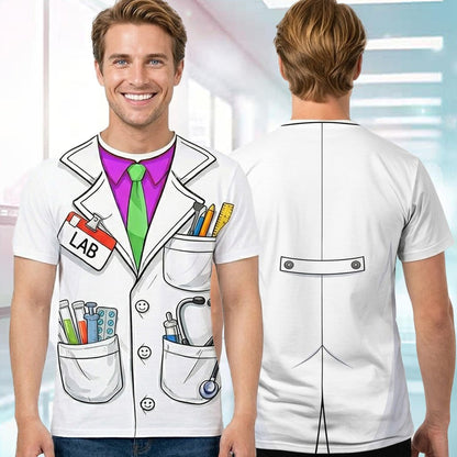 Adult wearing the white doctor t-shirt in a lifestyle setting