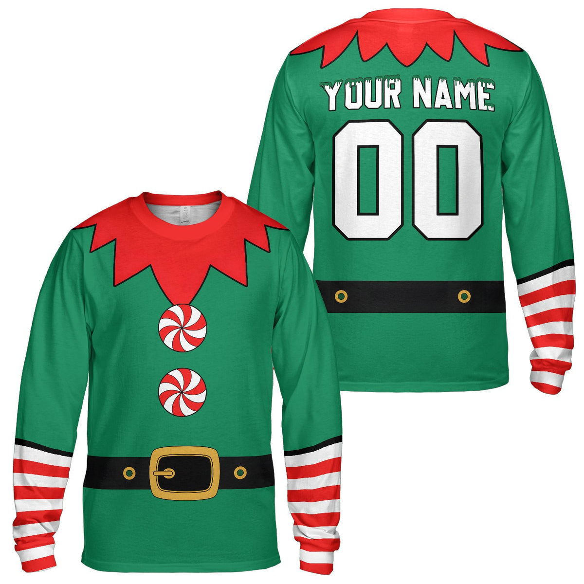 Green elf costume t-shirt custom name and number on the back, front view