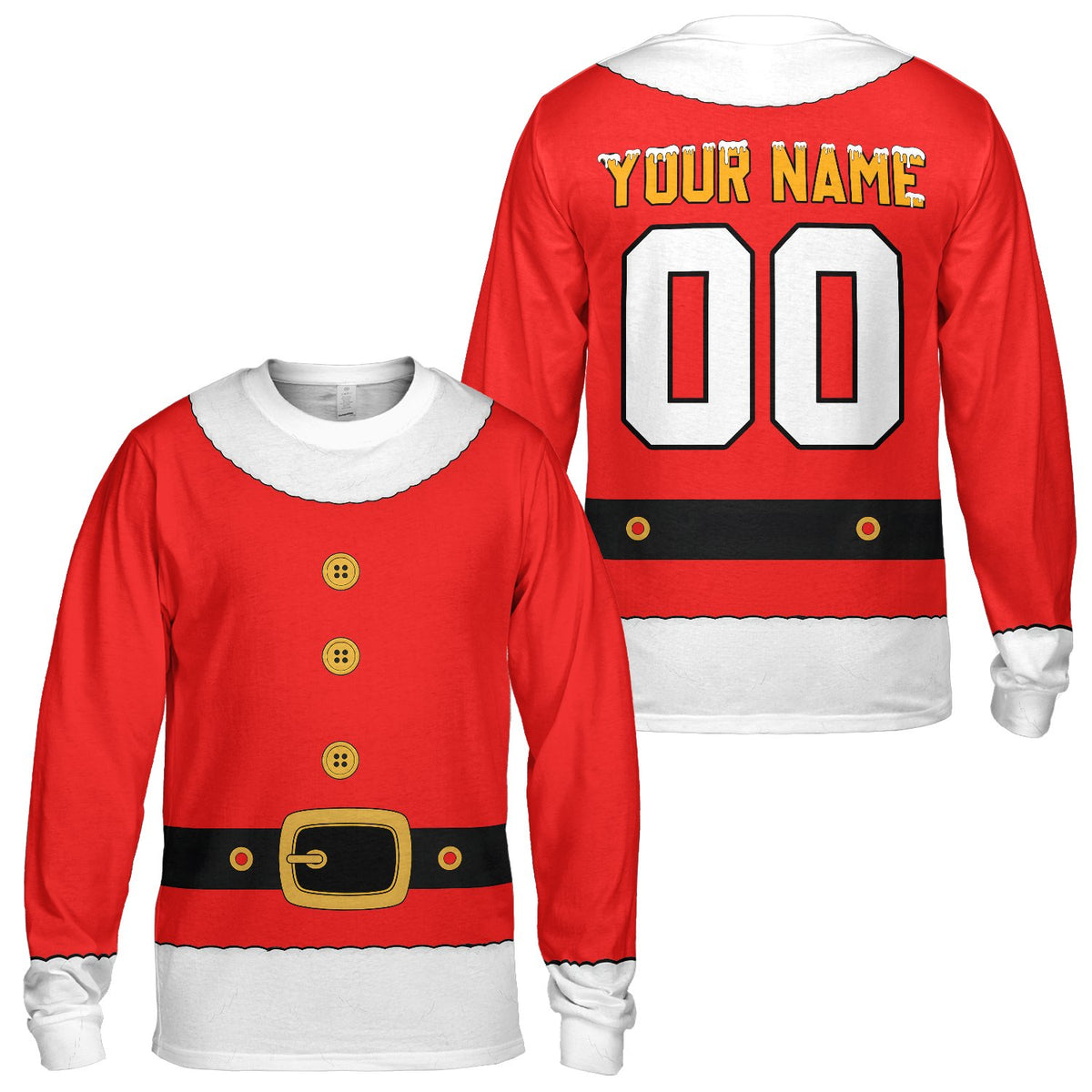 Red santa costume t-shirt custom name and number on the back, front view