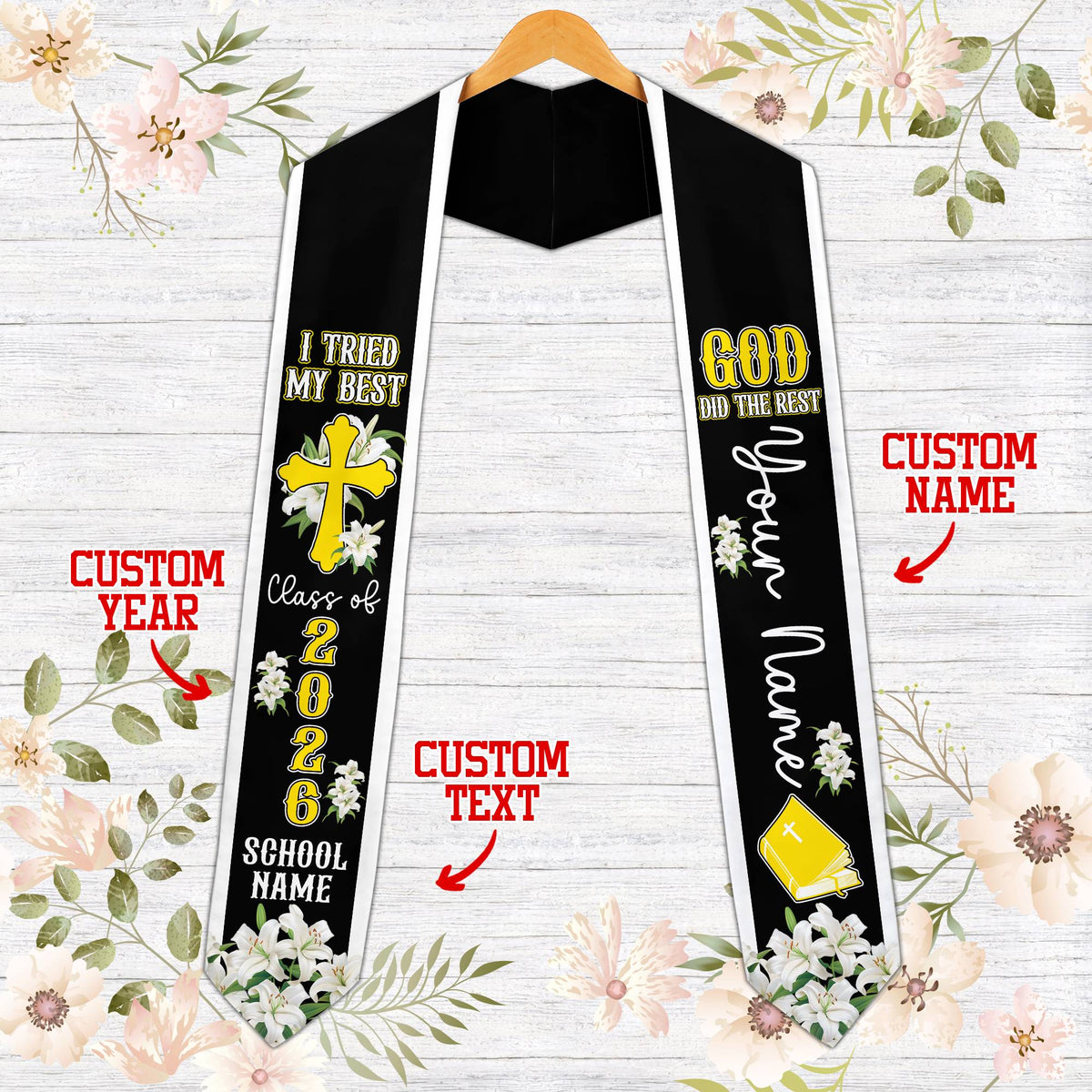 Main view of the faith and graduation t-shirt in black featuring a cross, Bible, and floral elements.
