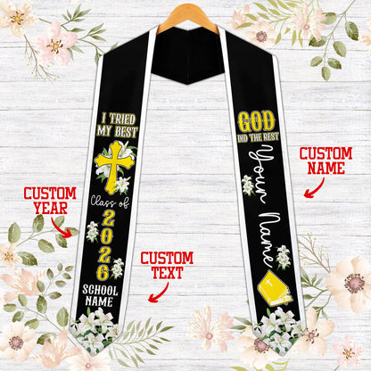 Main view of the faith and graduation t-shirt in black featuring a cross, Bible, and floral elements.
