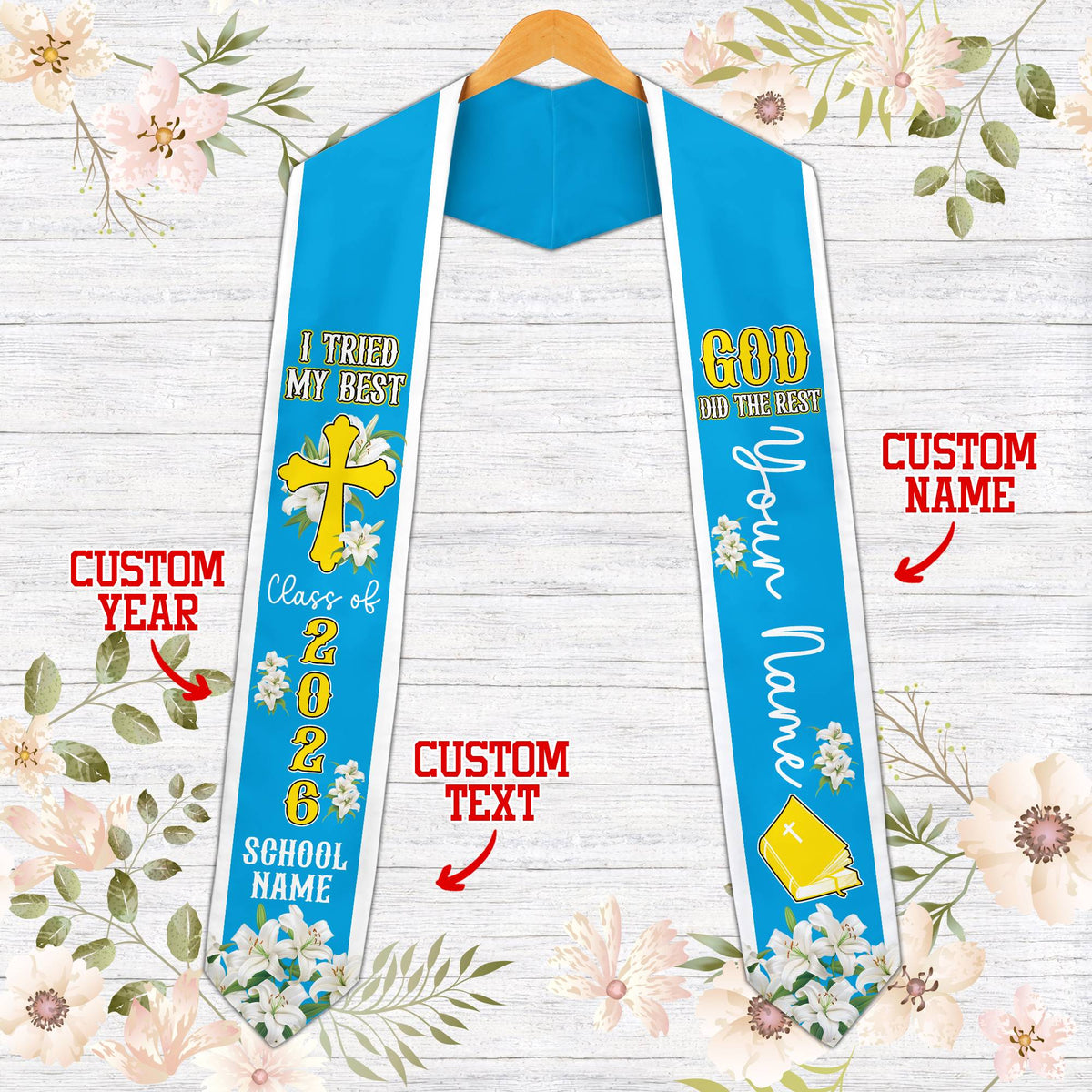 Front view of the faith and graduation t-shirt in blue.