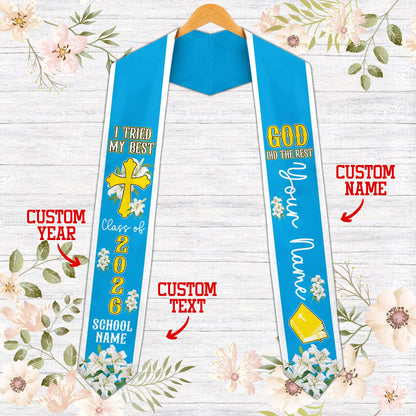 Front view of the faith and graduation t-shirt in blue.