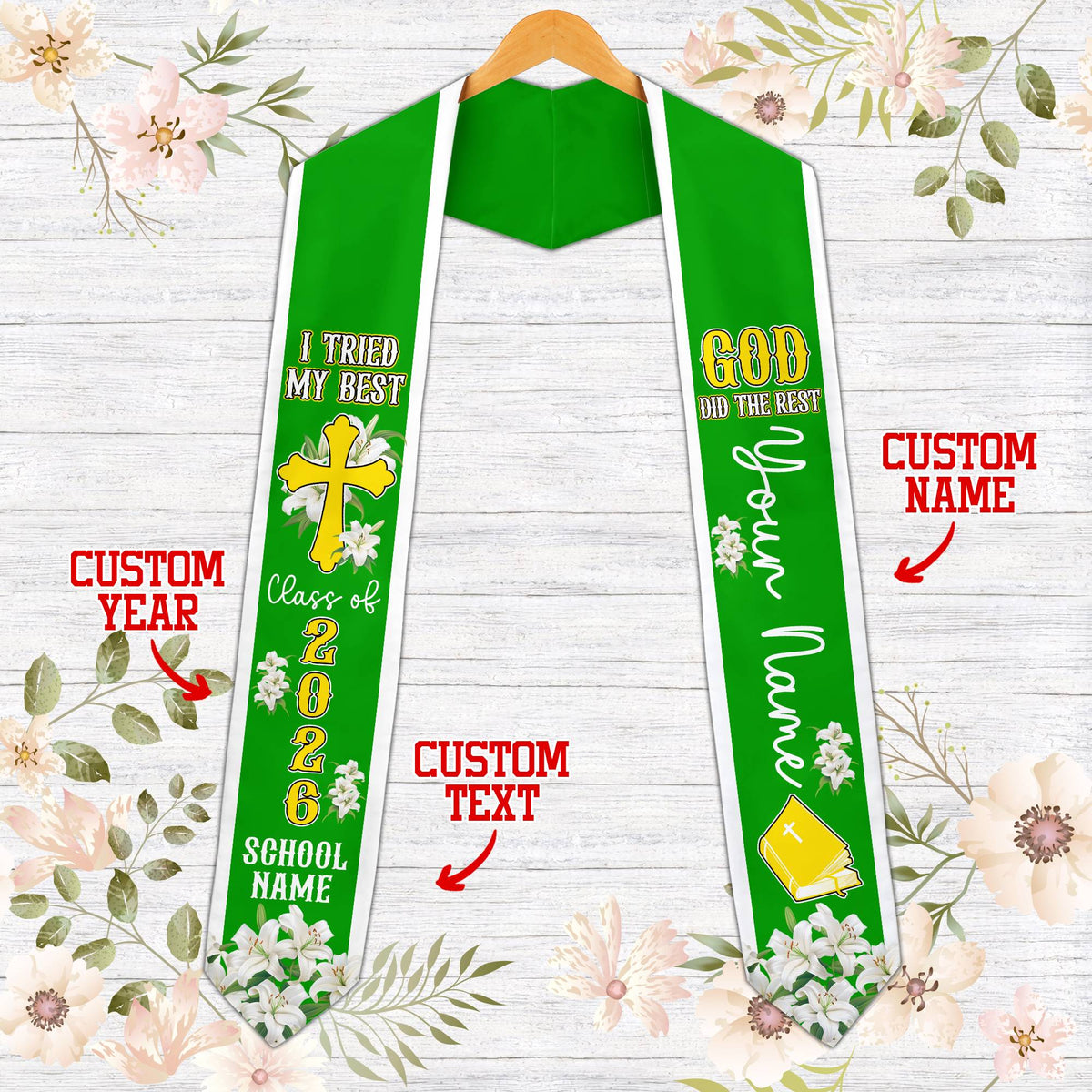 Front view of the faith and graduation t-shirt in green.