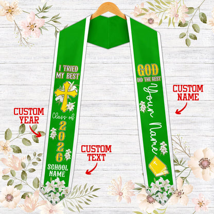 Front view of the faith and graduation t-shirt in green.