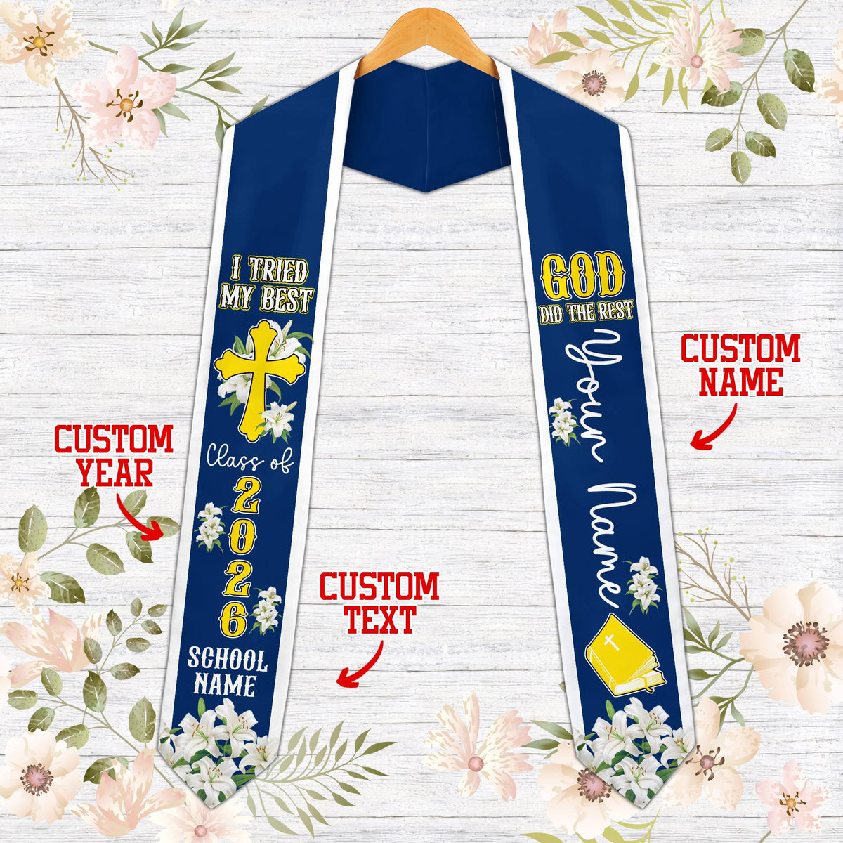 Front view of the faith and graduation t-shirt in navy.