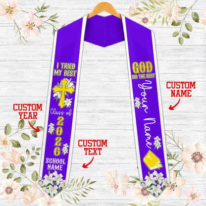 Front view of the faith and graduation t-shirt in purple.