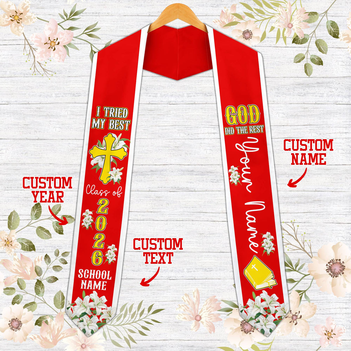 Front view of the faith and graduation t-shirt in red.