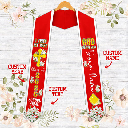 Front view of the faith and graduation t-shirt in red.