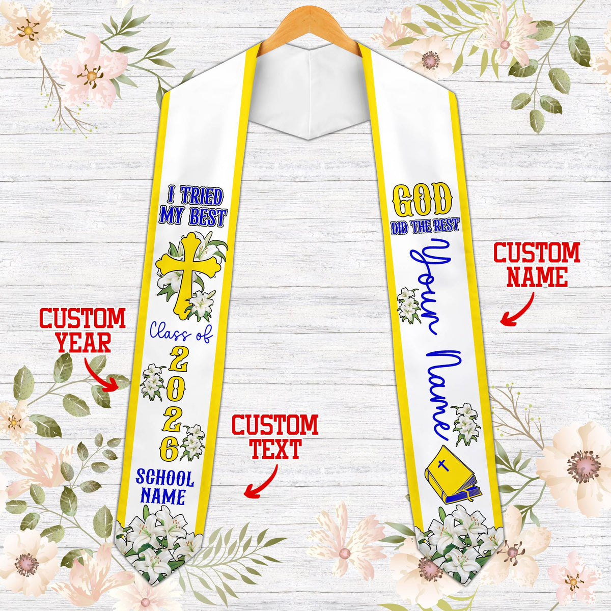 Front view of the faith and graduation t-shirt in white.