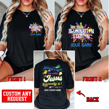 Angled view of the custom text t-shirt showing colorful glowing light designs