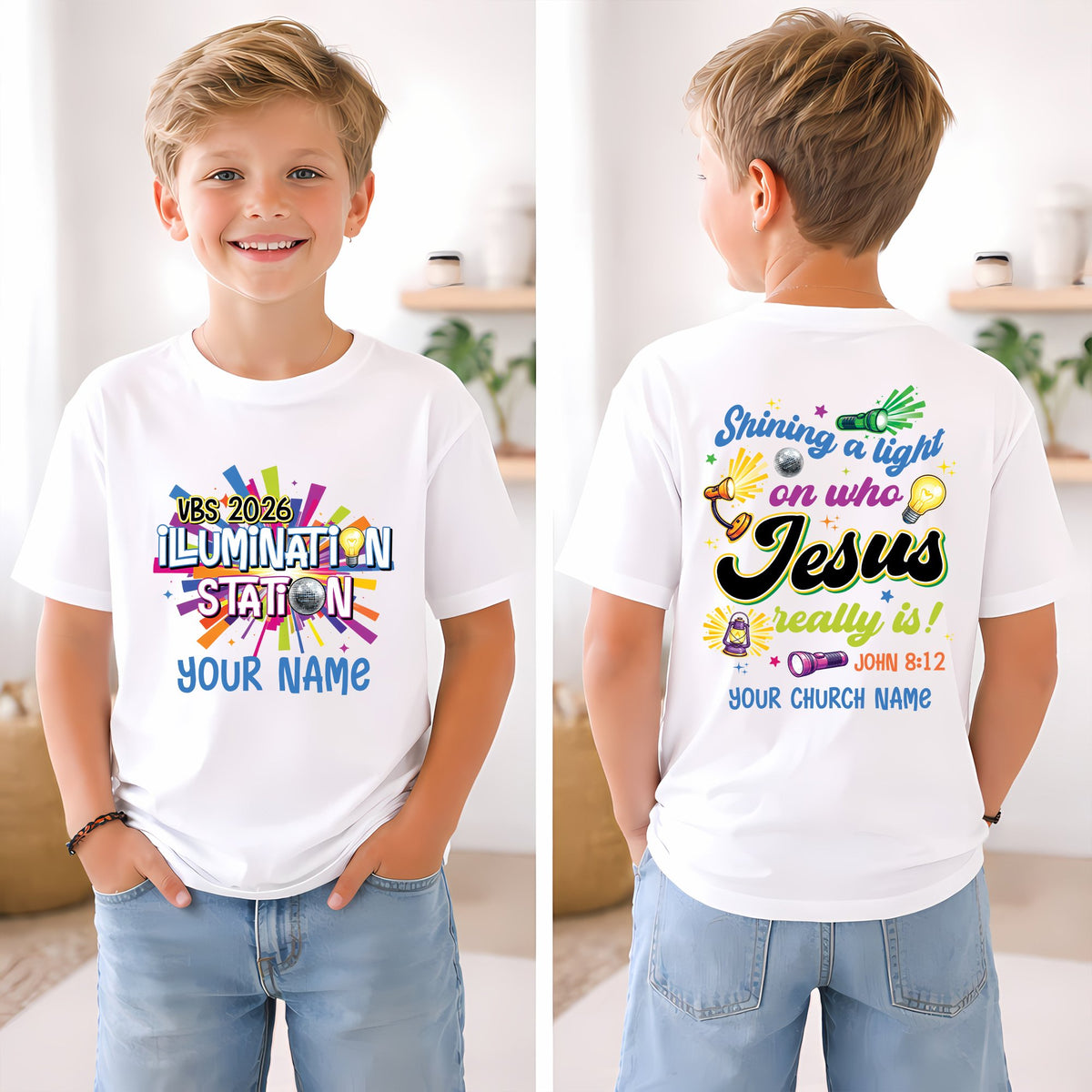 Back view of the solid t-shirt displaying John 8:12 and retro church graphics
