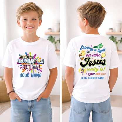 Back view of the solid t-shirt displaying John 8:12 and retro church graphics