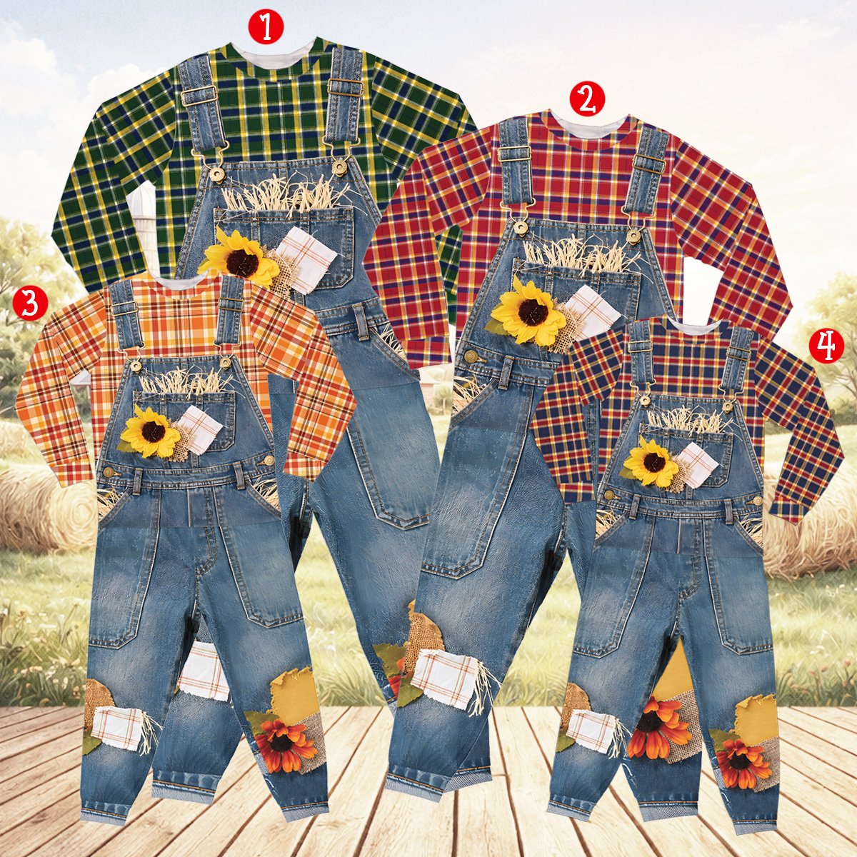 Another front view highlighting the plaid shirt base and printed straw details