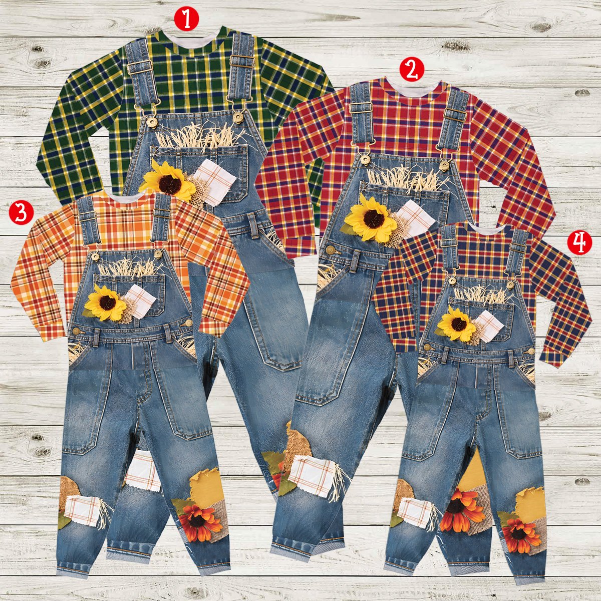 Front view showing the printed sunflowers and fabric patches on the scarecrow outfit