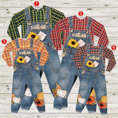 Front view showing the printed sunflowers and fabric patches on the scarecrow outfit