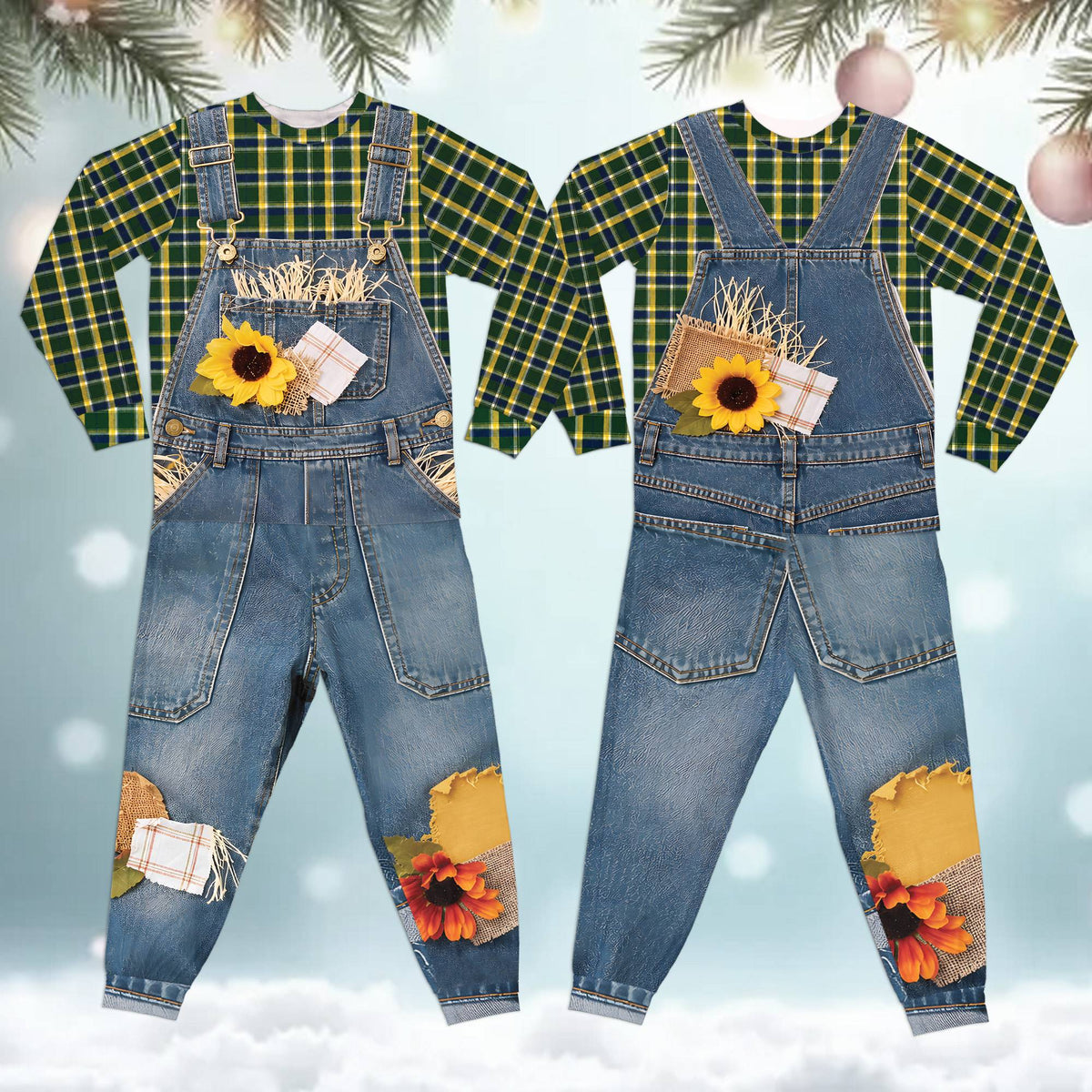 Front view of the matching plaid family outfits