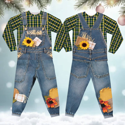 Front view of the matching plaid family outfits