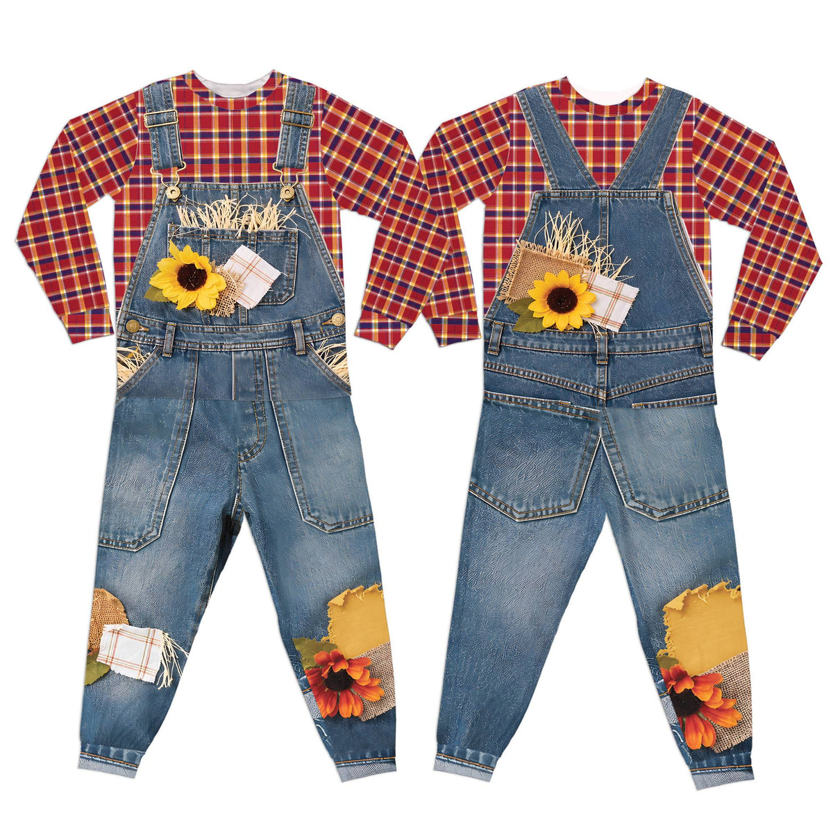 Clear front display of the blue, yellow, and red scarecrow design