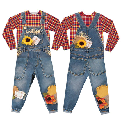 Clear front display of the blue, yellow, and red scarecrow design