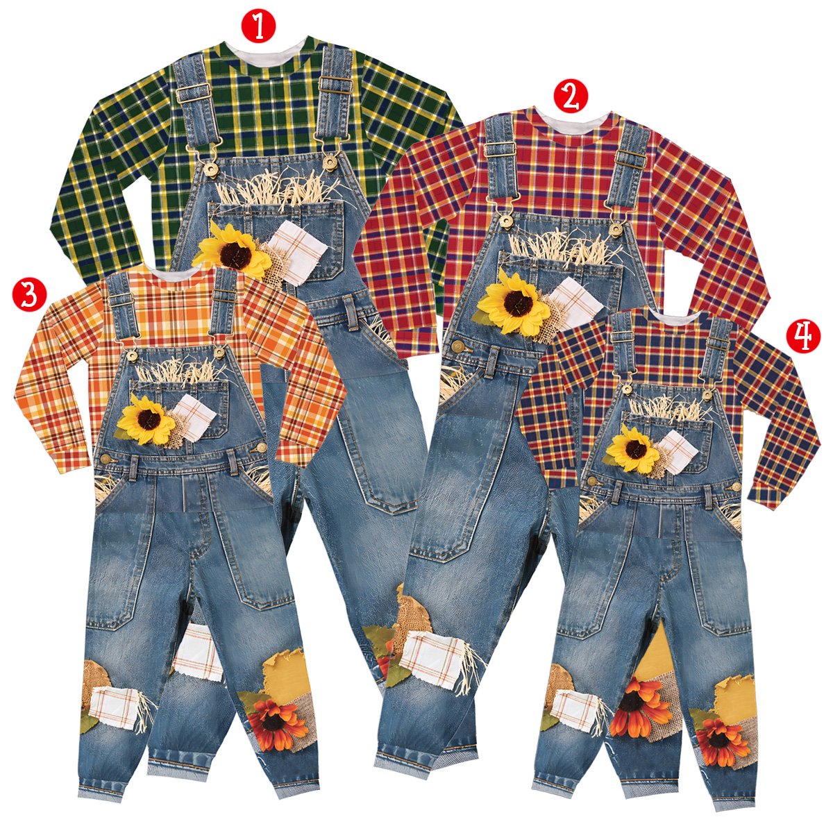 Front detail view of the scarecrow matching family set showing printed faux denim overalls
