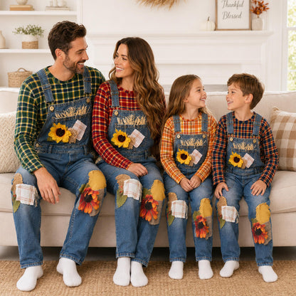 Second lifestyle image showcasing the family fall matching outfits in an autumn setting