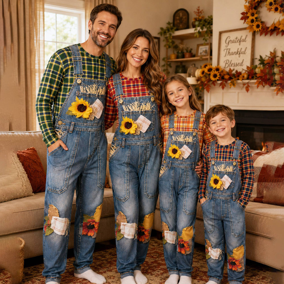 Lifestyle image of a family wearing the matching thanksgiving outfits outdoors