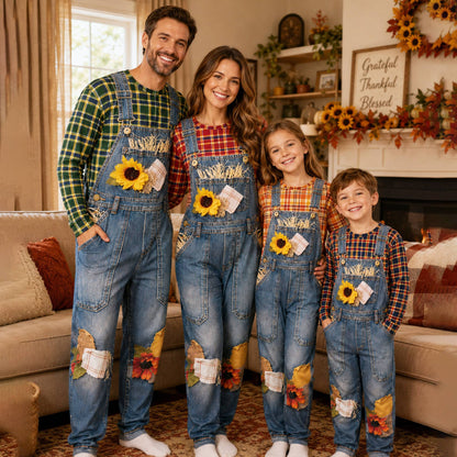 Lifestyle image of a family wearing the matching thanksgiving outfits outdoors