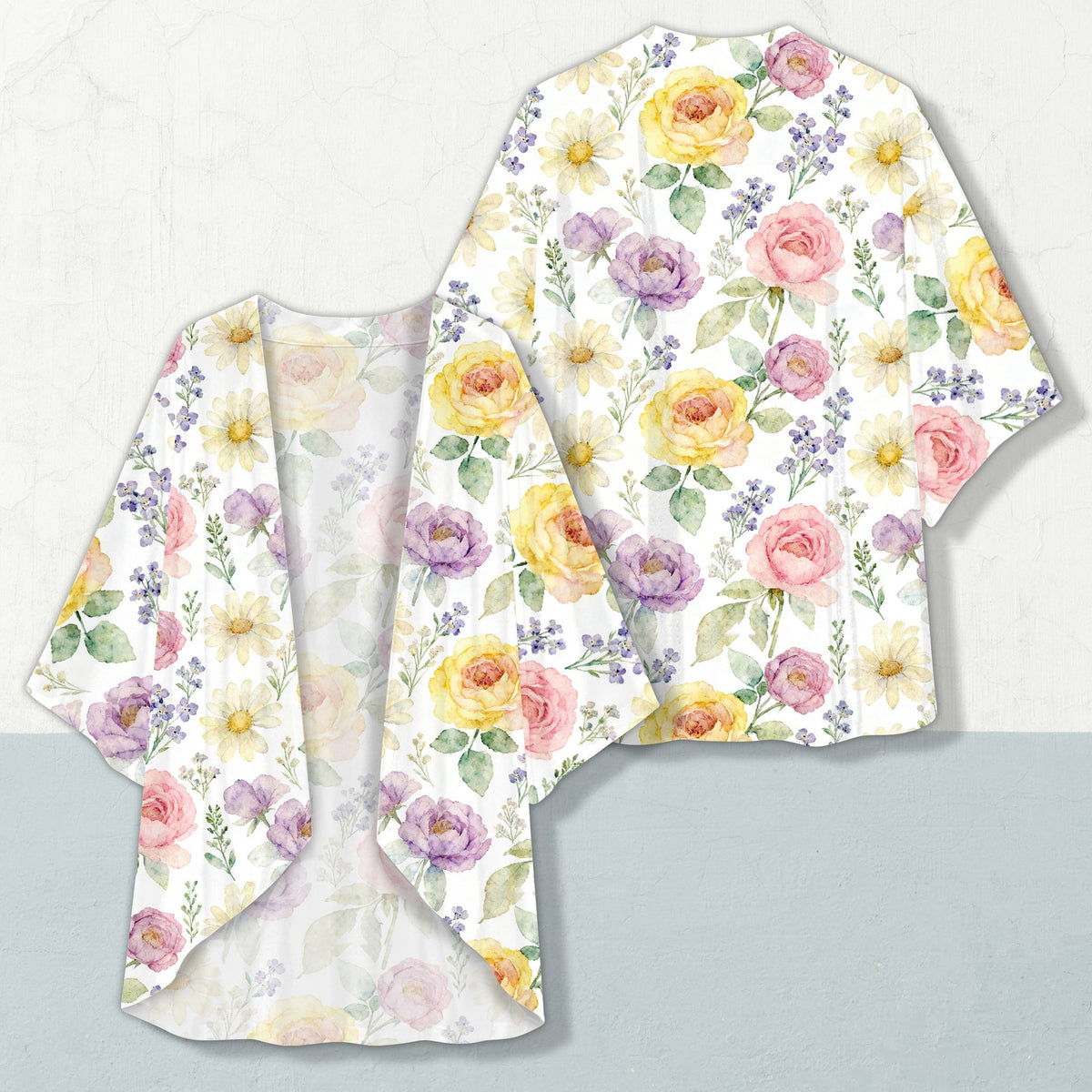 Front view of ladies floral cardigan highlighting watercolor details
