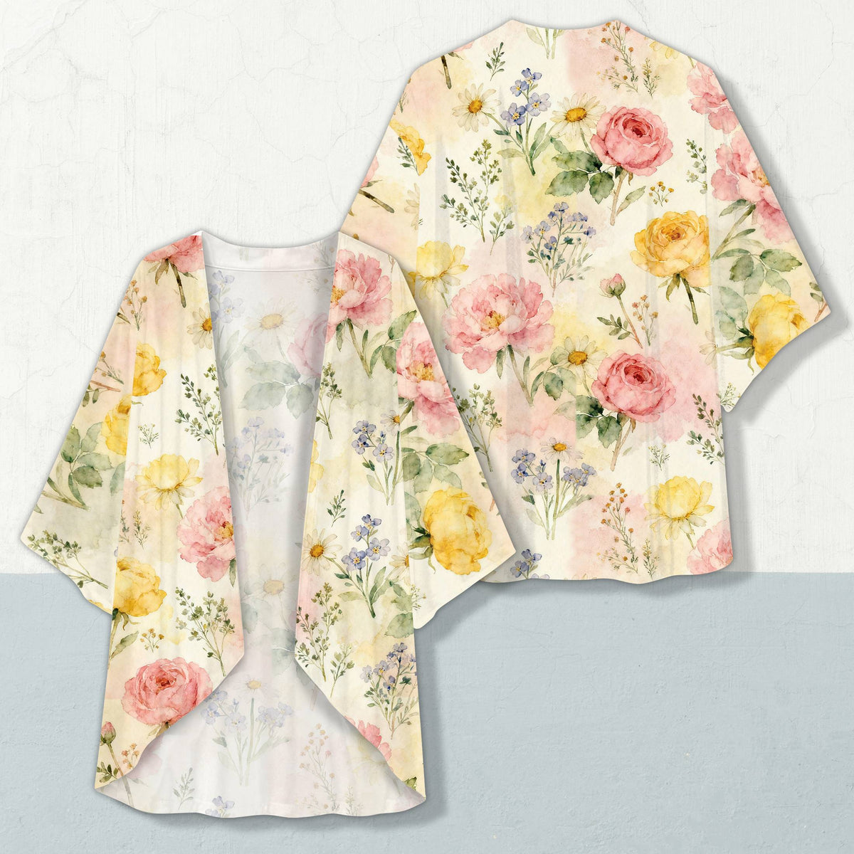 Ladies floral cardigan in multicolor watercolor print, alternate front view