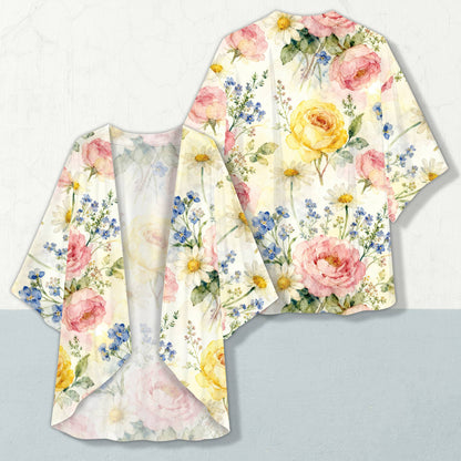 Full front view of ladies floral cardigan with blue and pink flowers