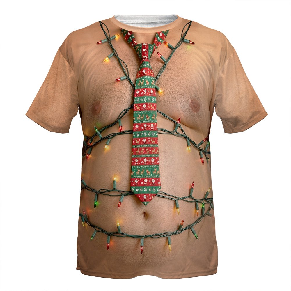 Beige funny christmas t-shirt with dad bod and holiday tie print, front view