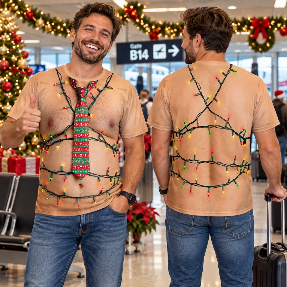 Man wearing the funny christmas t-shirt with printed tie and lights