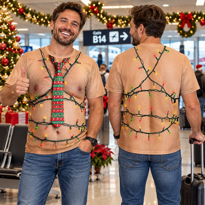 Man wearing the funny christmas t-shirt with printed tie and lights