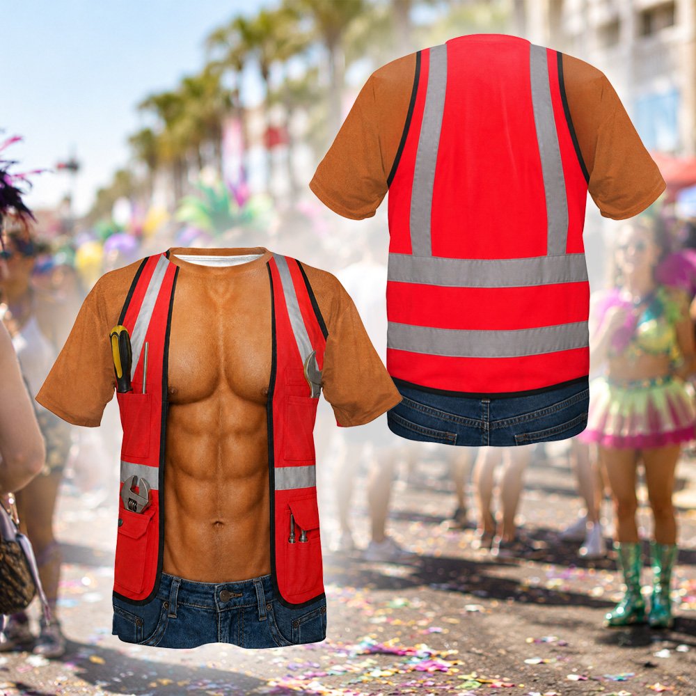 Close-up of the muscular torso print on the funny mens t-shirt