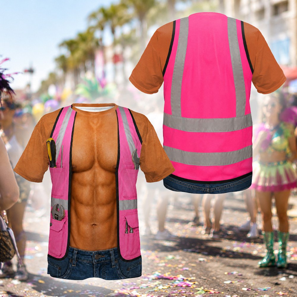 High-visibility vest and tool details on the construction t-shirt